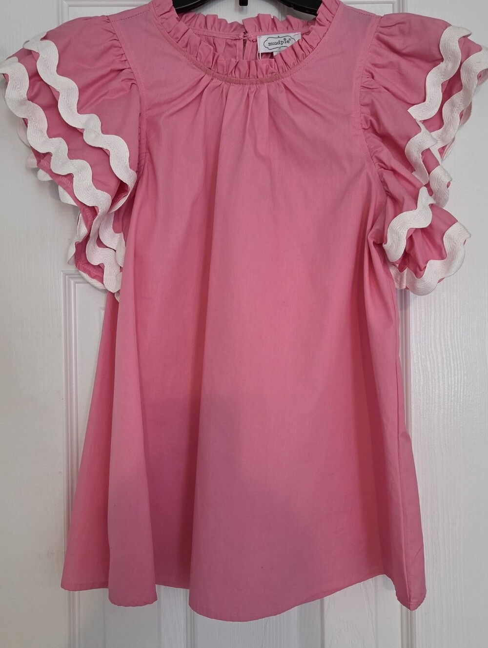 Mudpie Pink Ruffle Sleeve Blouse with White Rickrack